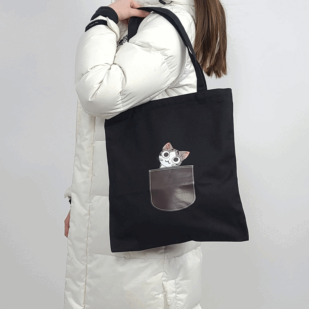 블랙 화이트 고양이 캐릭터 부드러운 캔버스 에코백 가방